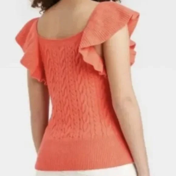 A New Day Orange Ruffle Sleeve Cableknit Sweater nwt - Picture 2 of 2
